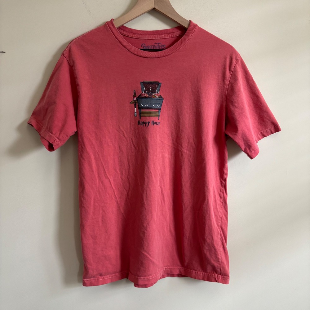 Positivitees Mens Happy Hour Grill Graphic T-Shirt Salmon Pink Small Cotton